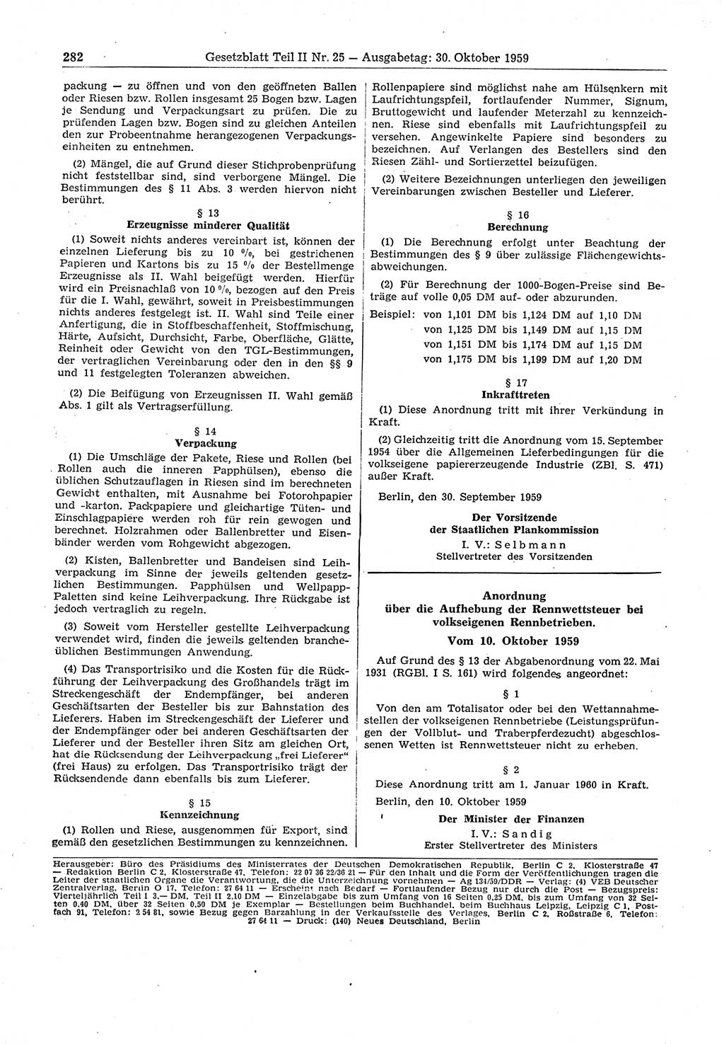 Gesetzblatt (GBl.) der Deutschen Demokratischen Republik (DDR) Teil ⅠⅠ 1959, Seite 282 (GBl. DDR ⅠⅠ 1959, S. 282)