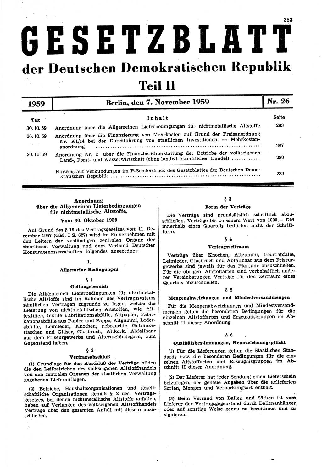 Gesetzblatt (GBl.) der Deutschen Demokratischen Republik (DDR) Teil ⅠⅠ 1959, Seite 283 (GBl. DDR ⅠⅠ 1959, S. 283)