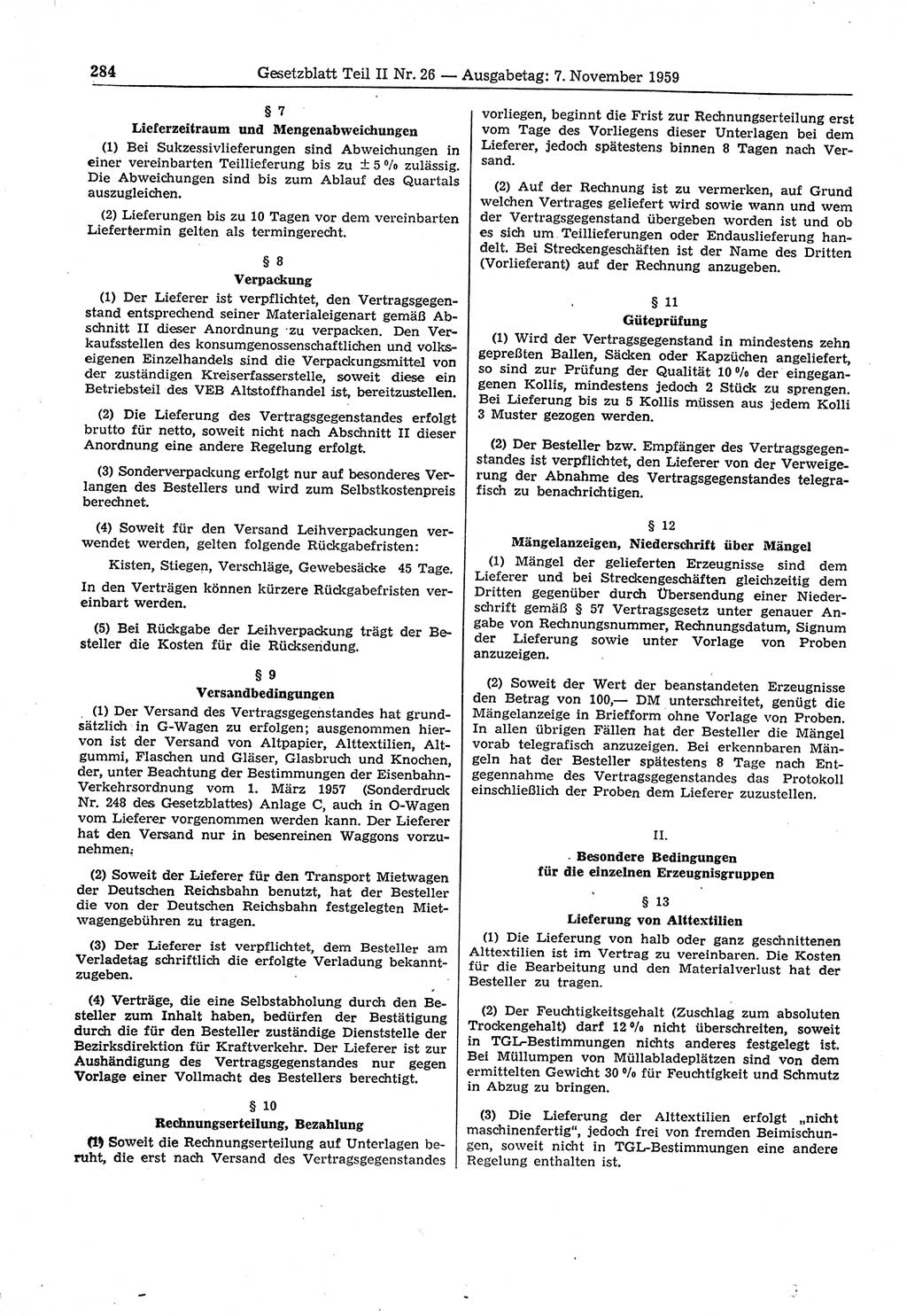 Gesetzblatt (GBl.) der Deutschen Demokratischen Republik (DDR) Teil ⅠⅠ 1959, Seite 284 (GBl. DDR ⅠⅠ 1959, S. 284)