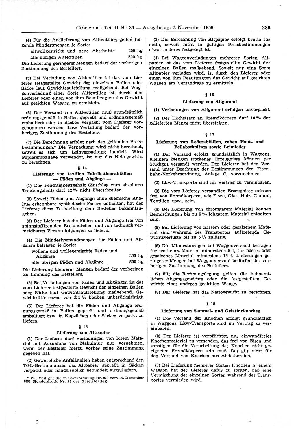 Gesetzblatt (GBl.) der Deutschen Demokratischen Republik (DDR) Teil ⅠⅠ 1959, Seite 285 (GBl. DDR ⅠⅠ 1959, S. 285)