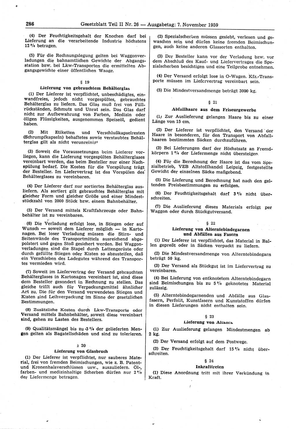 Gesetzblatt (GBl.) der Deutschen Demokratischen Republik (DDR) Teil ⅠⅠ 1959, Seite 286 (GBl. DDR ⅠⅠ 1959, S. 286)