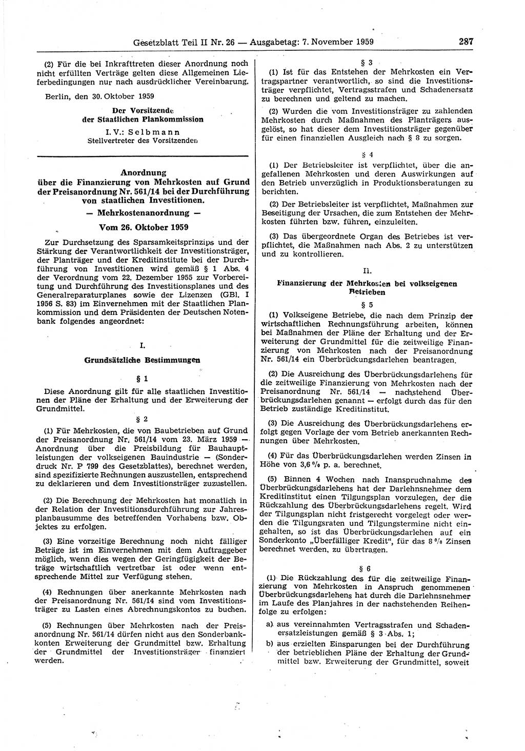 Gesetzblatt (GBl.) der Deutschen Demokratischen Republik (DDR) Teil ⅠⅠ 1959, Seite 287 (GBl. DDR ⅠⅠ 1959, S. 287)