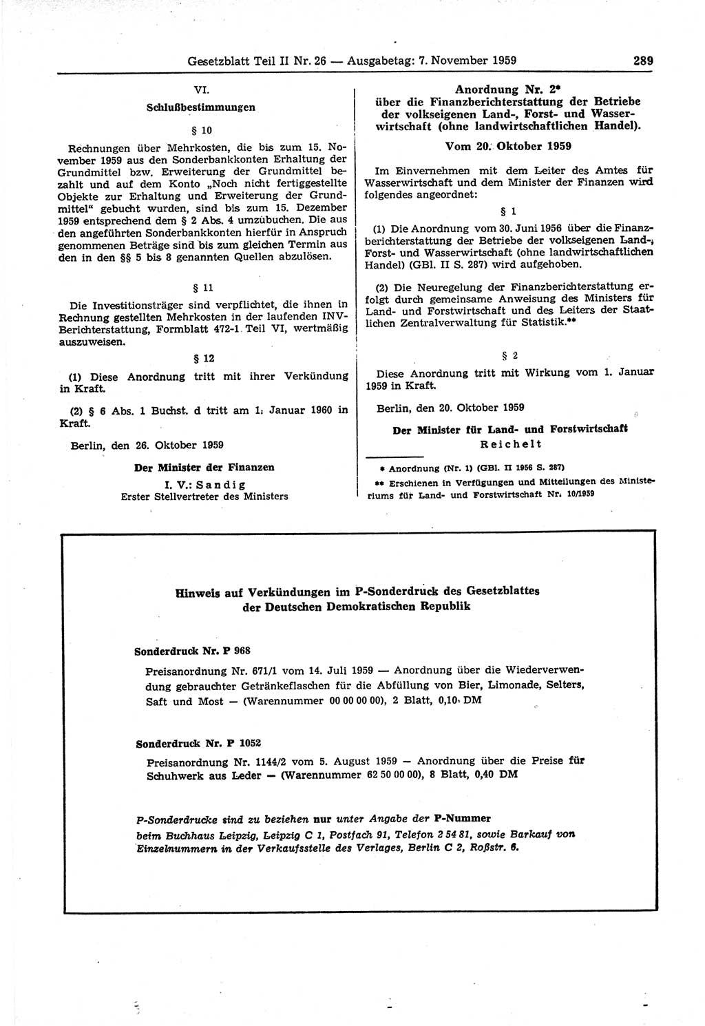 Gesetzblatt (GBl.) der Deutschen Demokratischen Republik (DDR) Teil ⅠⅠ 1959, Seite 289 (GBl. DDR ⅠⅠ 1959, S. 289)