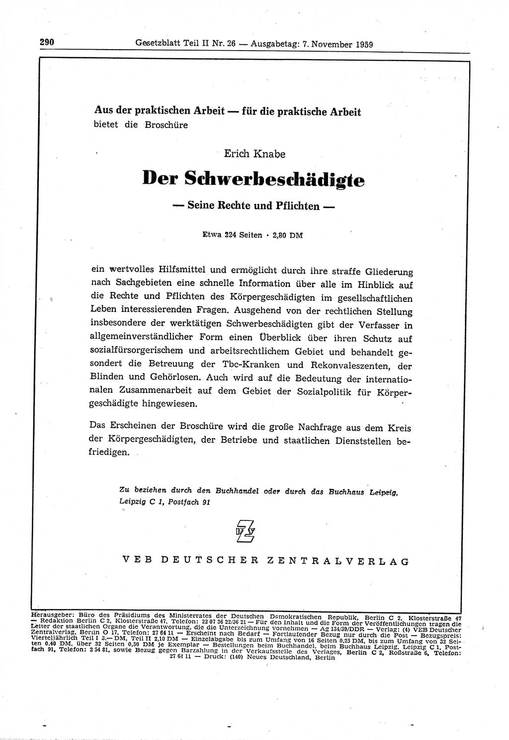 Gesetzblatt (GBl.) der Deutschen Demokratischen Republik (DDR) Teil ⅠⅠ 1959, Seite 290 (GBl. DDR ⅠⅠ 1959, S. 290)