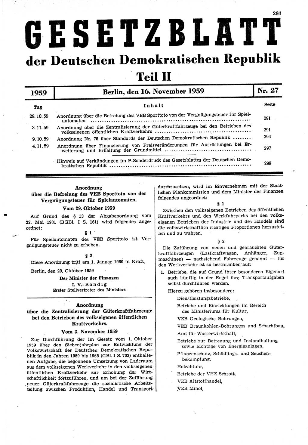 Gesetzblatt (GBl.) der Deutschen Demokratischen Republik (DDR) Teil ⅠⅠ 1959, Seite 291 (GBl. DDR ⅠⅠ 1959, S. 291)