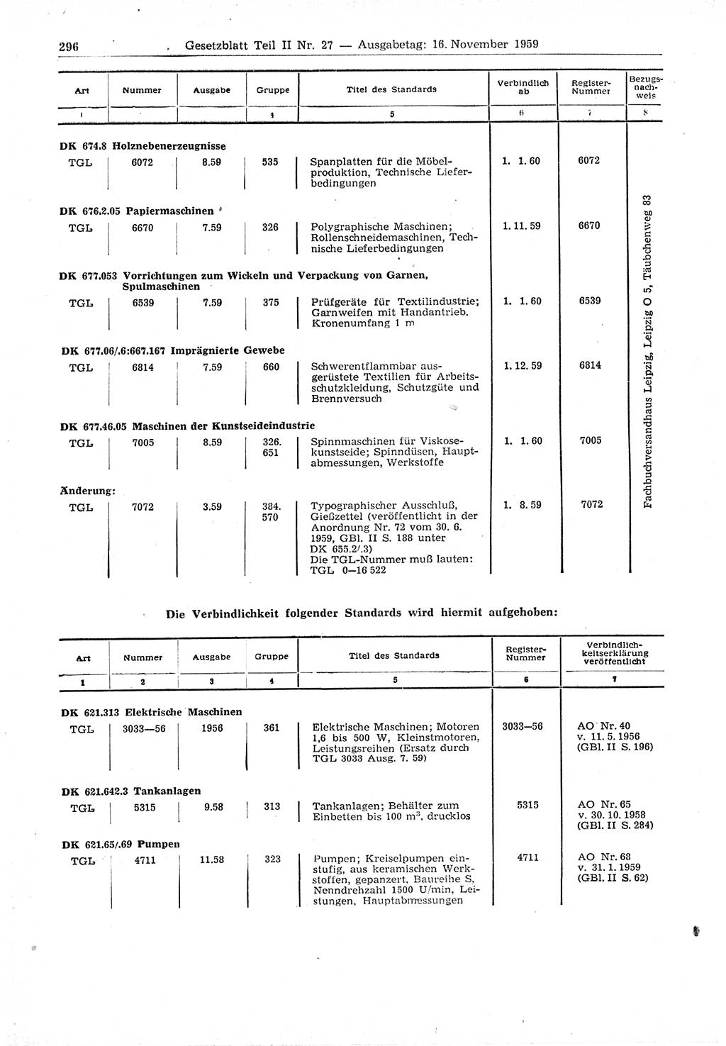 Gesetzblatt (GBl.) der Deutschen Demokratischen Republik (DDR) Teil ⅠⅠ 1959, Seite 296 (GBl. DDR ⅠⅠ 1959, S. 296)