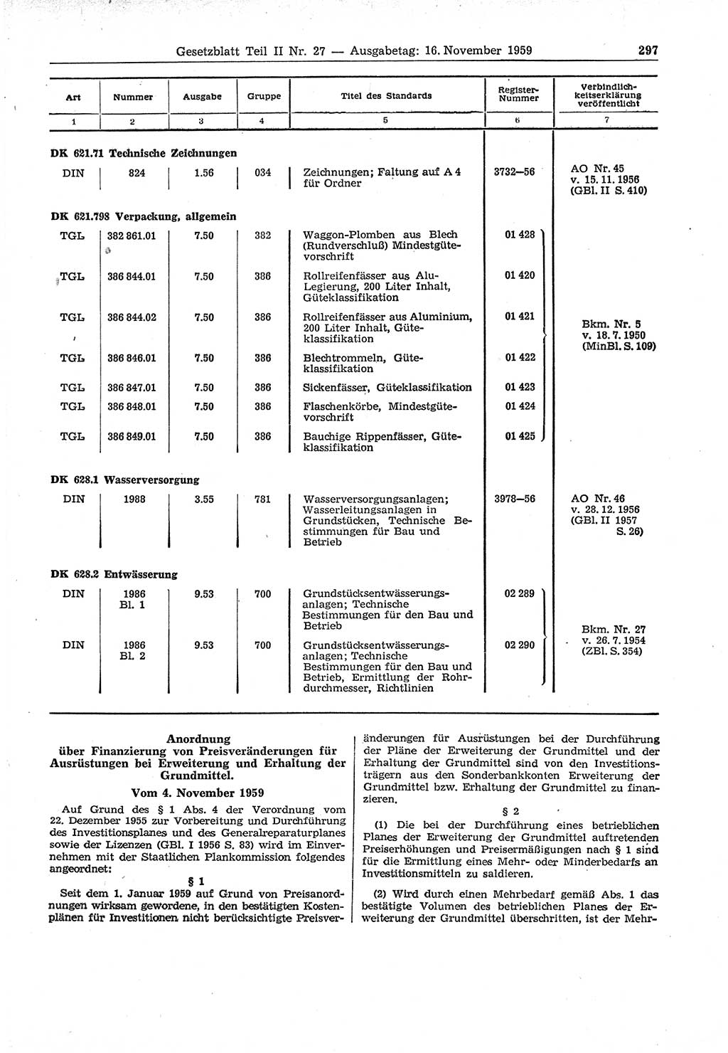 Gesetzblatt (GBl.) der Deutschen Demokratischen Republik (DDR) Teil ⅠⅠ 1959, Seite 297 (GBl. DDR ⅠⅠ 1959, S. 297)