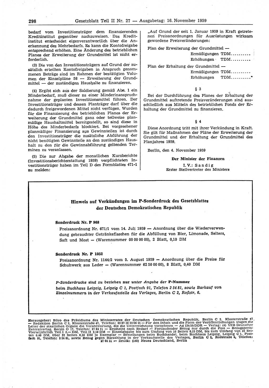 Gesetzblatt (GBl.) der Deutschen Demokratischen Republik (DDR) Teil ⅠⅠ 1959, Seite 298 (GBl. DDR ⅠⅠ 1959, S. 298)