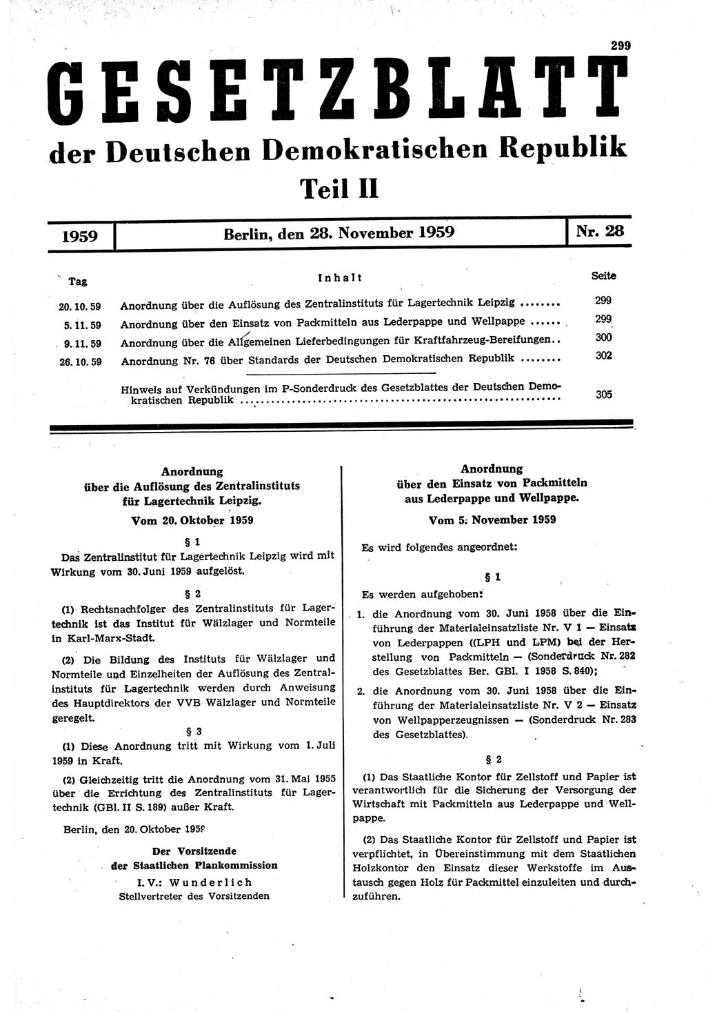 Gesetzblatt (GBl.) der Deutschen Demokratischen Republik (DDR) Teil ⅠⅠ 1959, Seite 299 (GBl. DDR ⅠⅠ 1959, S. 299)