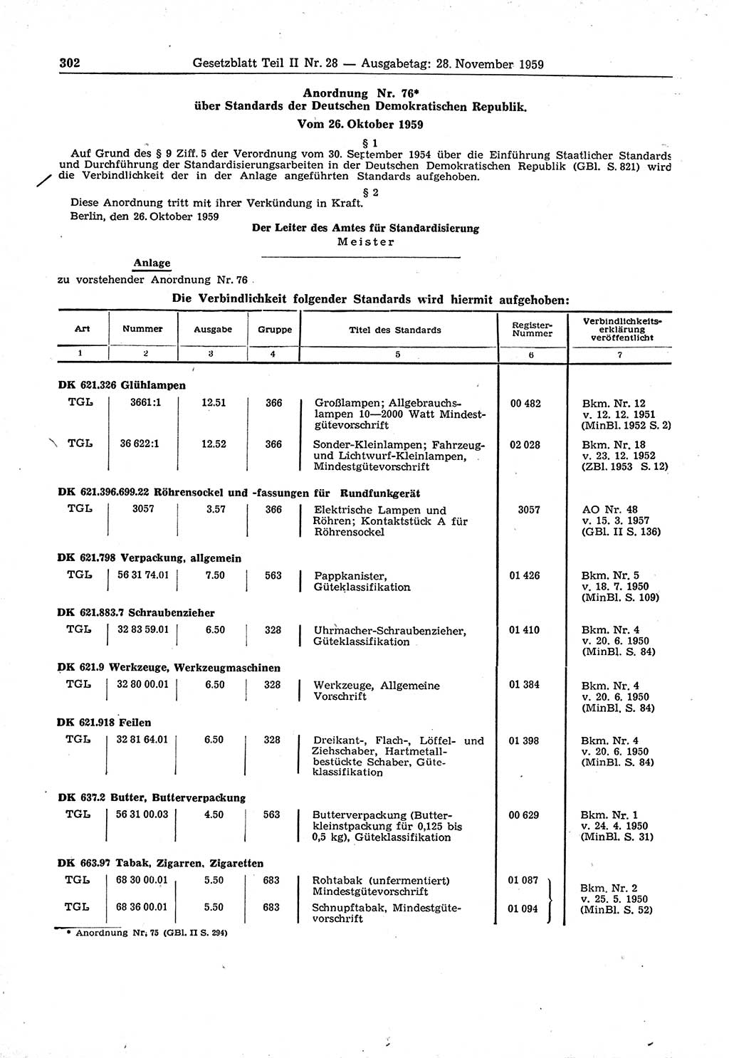 Gesetzblatt (GBl.) der Deutschen Demokratischen Republik (DDR) Teil ⅠⅠ 1959, Seite 302 (GBl. DDR ⅠⅠ 1959, S. 302)