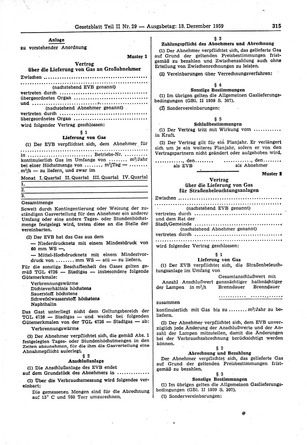 Gesetzblatt (GBl.) der Deutschen Demokratischen Republik (DDR) Teil ⅠⅠ 1959, Seite 315 (GBl. DDR ⅠⅠ 1959, S. 315)