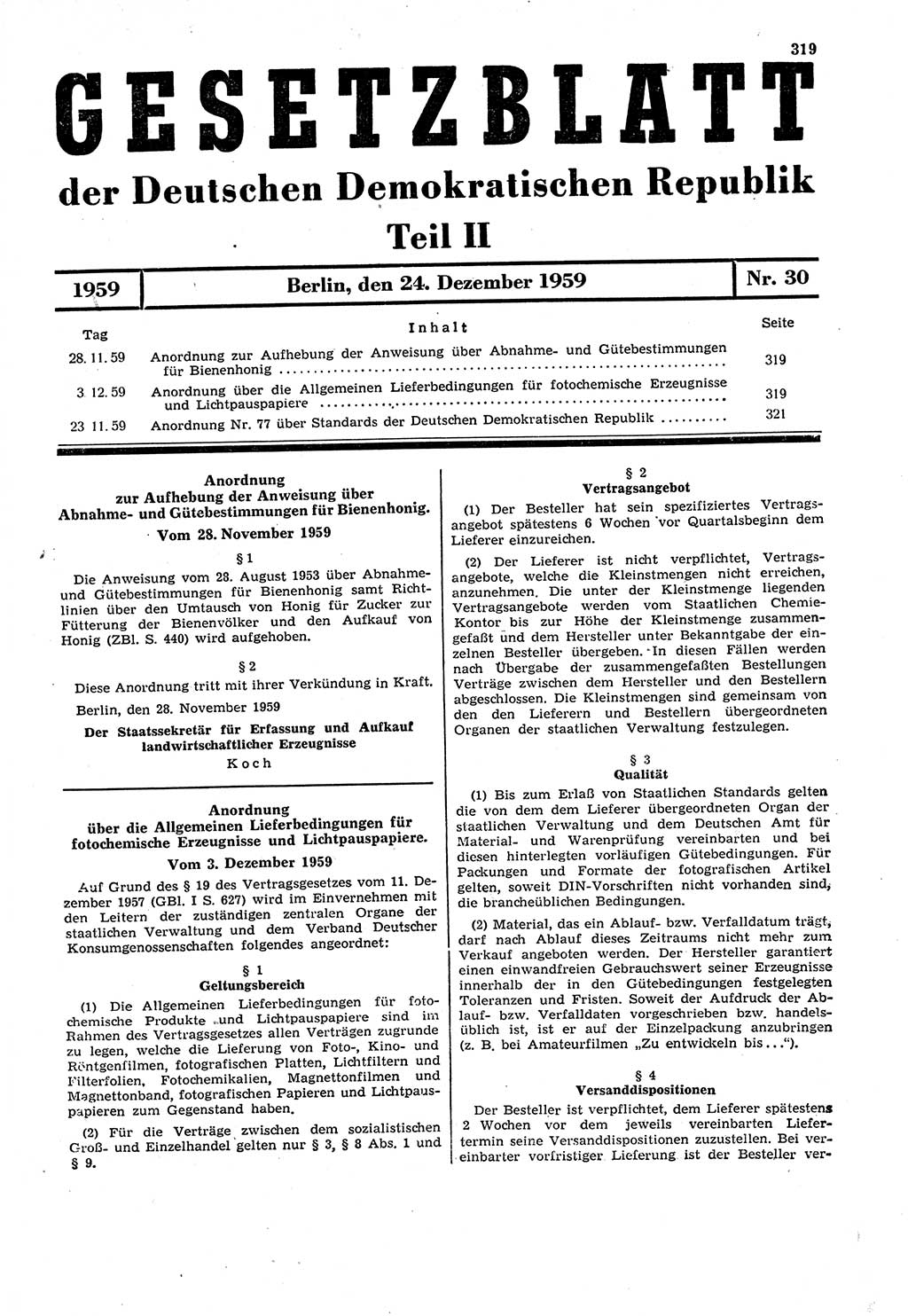 Gesetzblatt (GBl.) der Deutschen Demokratischen Republik (DDR) Teil ⅠⅠ 1959, Seite 319 (GBl. DDR ⅠⅠ 1959, S. 319)