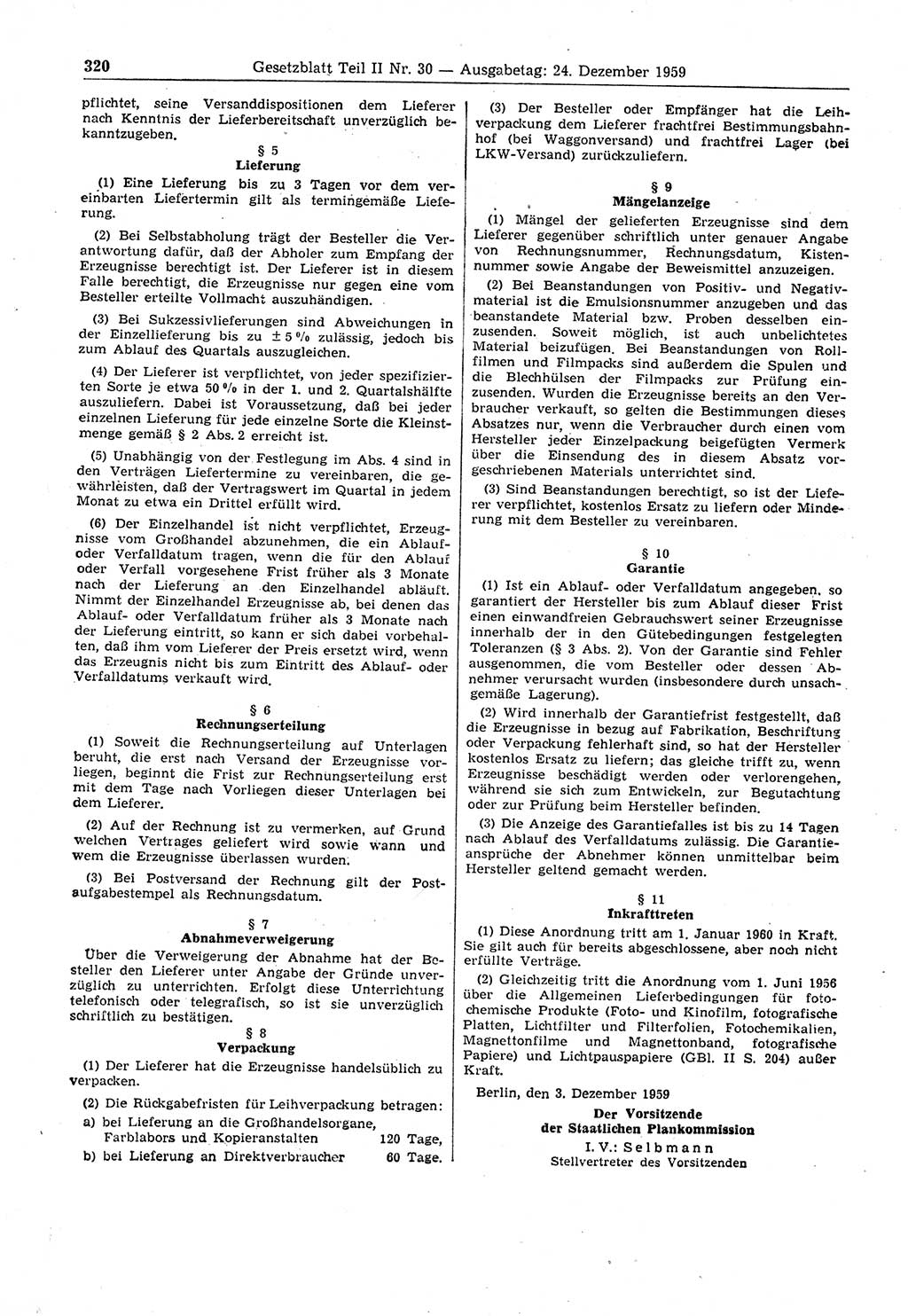 Gesetzblatt (GBl.) der Deutschen Demokratischen Republik (DDR) Teil ⅠⅠ 1959, Seite 320 (GBl. DDR ⅠⅠ 1959, S. 320)