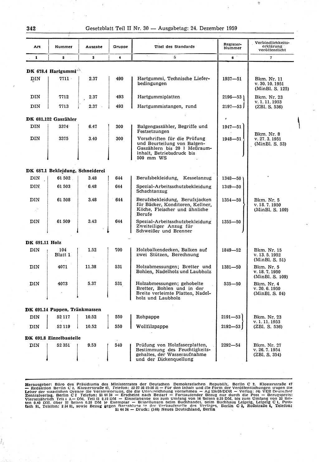 Gesetzblatt (GBl.) der Deutschen Demokratischen Republik (DDR) Teil ⅠⅠ 1959, Seite 342 (GBl. DDR ⅠⅠ 1959, S. 342)