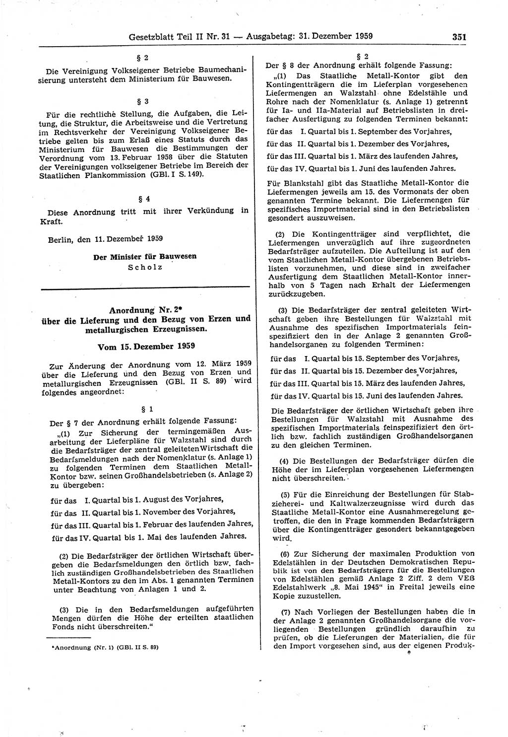 Gesetzblatt (GBl.) der Deutschen Demokratischen Republik (DDR) Teil ⅠⅠ 1959, Seite 351 (GBl. DDR ⅠⅠ 1959, S. 351)