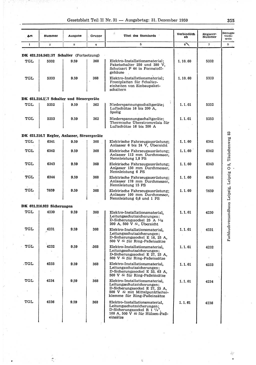 Gesetzblatt (GBl.) der Deutschen Demokratischen Republik (DDR) Teil ⅠⅠ 1959, Seite 355 (GBl. DDR ⅠⅠ 1959, S. 355)