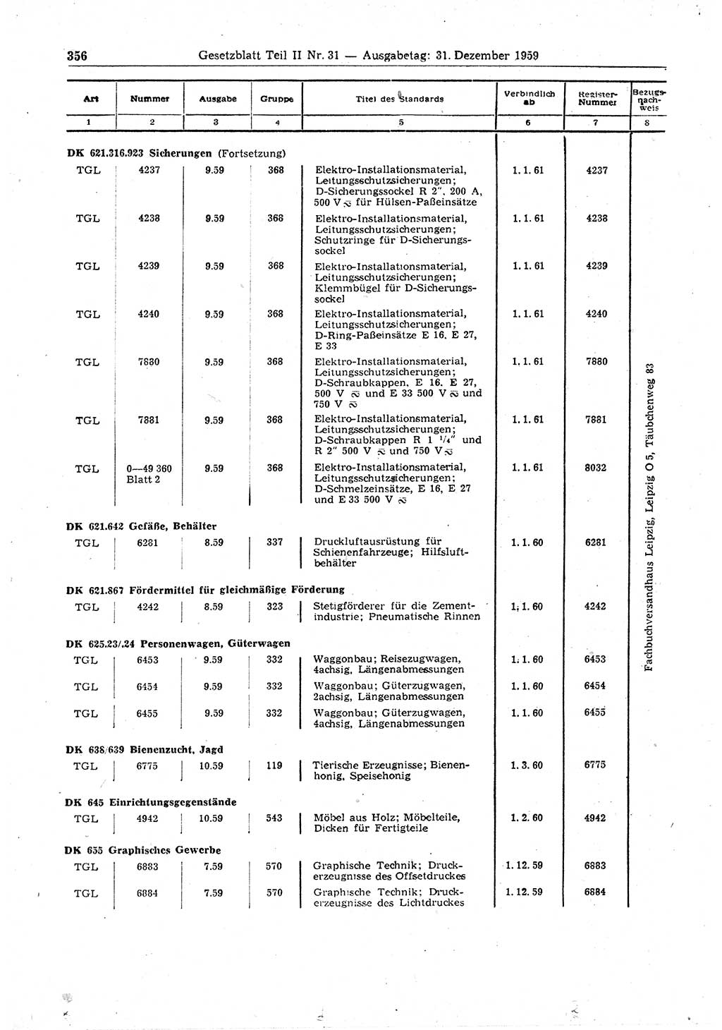Gesetzblatt (GBl.) der Deutschen Demokratischen Republik (DDR) Teil ⅠⅠ 1959, Seite 356 (GBl. DDR ⅠⅠ 1959, S. 356)