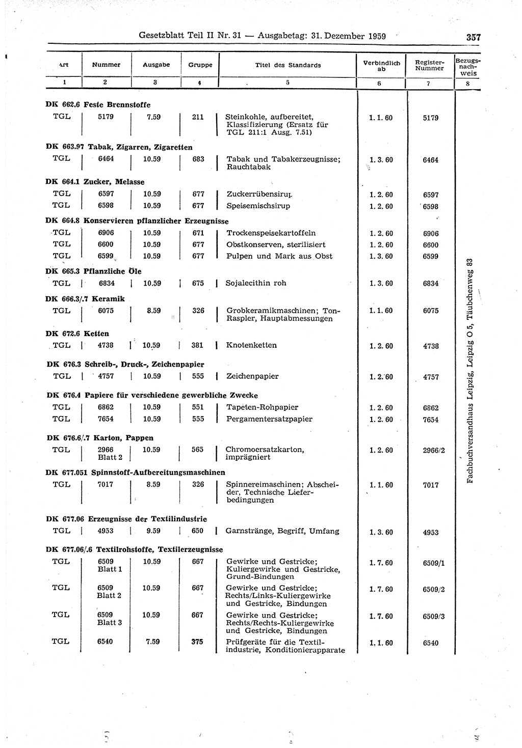 Gesetzblatt (GBl.) der Deutschen Demokratischen Republik (DDR) Teil ⅠⅠ 1959, Seite 357 (GBl. DDR ⅠⅠ 1959, S. 357)