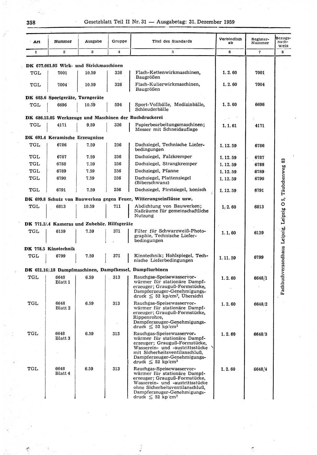 Gesetzblatt (GBl.) der Deutschen Demokratischen Republik (DDR) Teil ⅠⅠ 1959, Seite 358 (GBl. DDR ⅠⅠ 1959, S. 358)