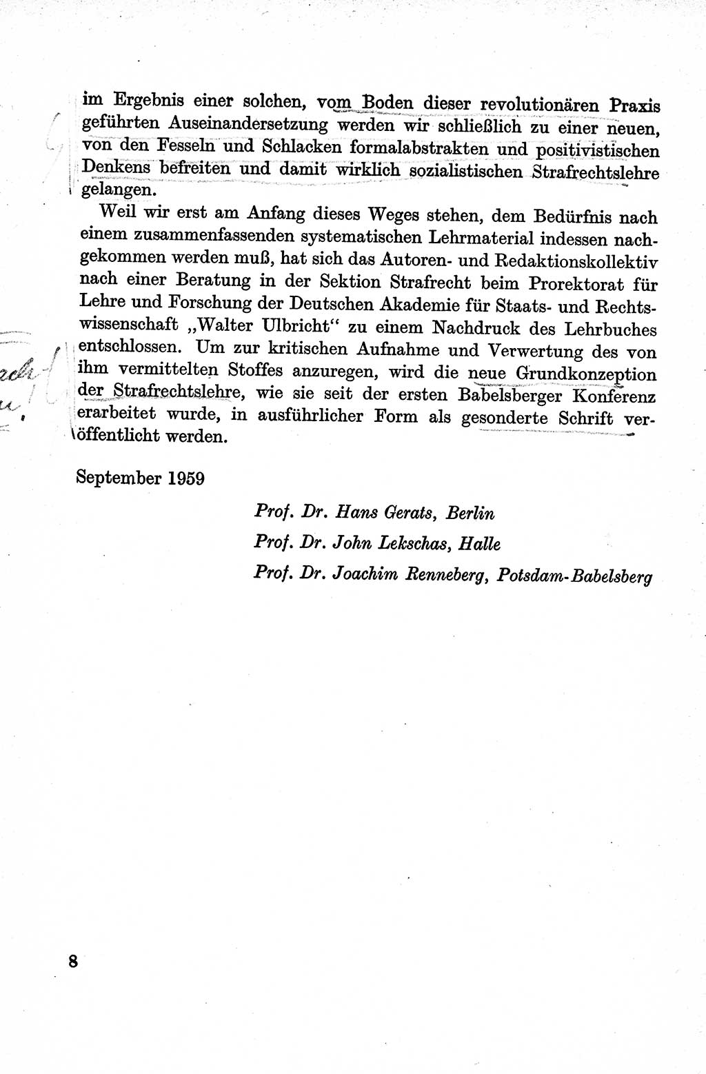 Lehrbuch des Strafrechts der Deutschen Demokratischen Republik (DDR), Allgemeiner Teil 1959, Seite 8 (Lb. Strafr. DDR AT 1959, S. 8)