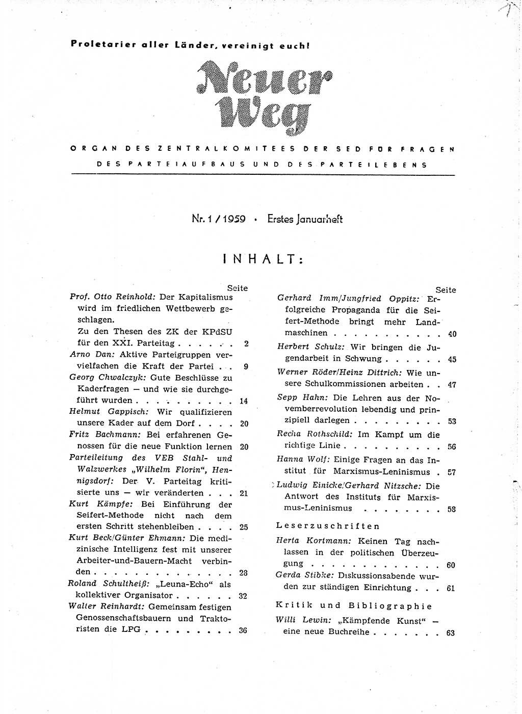 Neuer Weg (NW), Organ des Zentralkomitees (ZK) der SED (Sozialistische Einheitspartei Deutschlands) für Fragen des Parteiaufbaus und des Parteilebens, 14. Jahrgang [Deutsche Demokratische Republik (DDR)] 1959, Seite 1 (NW ZK SED DDR 1959, S. 1)