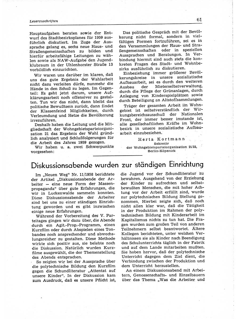 Neuer Weg (NW), Organ des Zentralkomitees (ZK) der SED (Sozialistische Einheitspartei Deutschlands) für Fragen des Parteiaufbaus und des Parteilebens, 14. Jahrgang [Deutsche Demokratische Republik (DDR)] 1959, Seite 61 (NW ZK SED DDR 1959, S. 61)