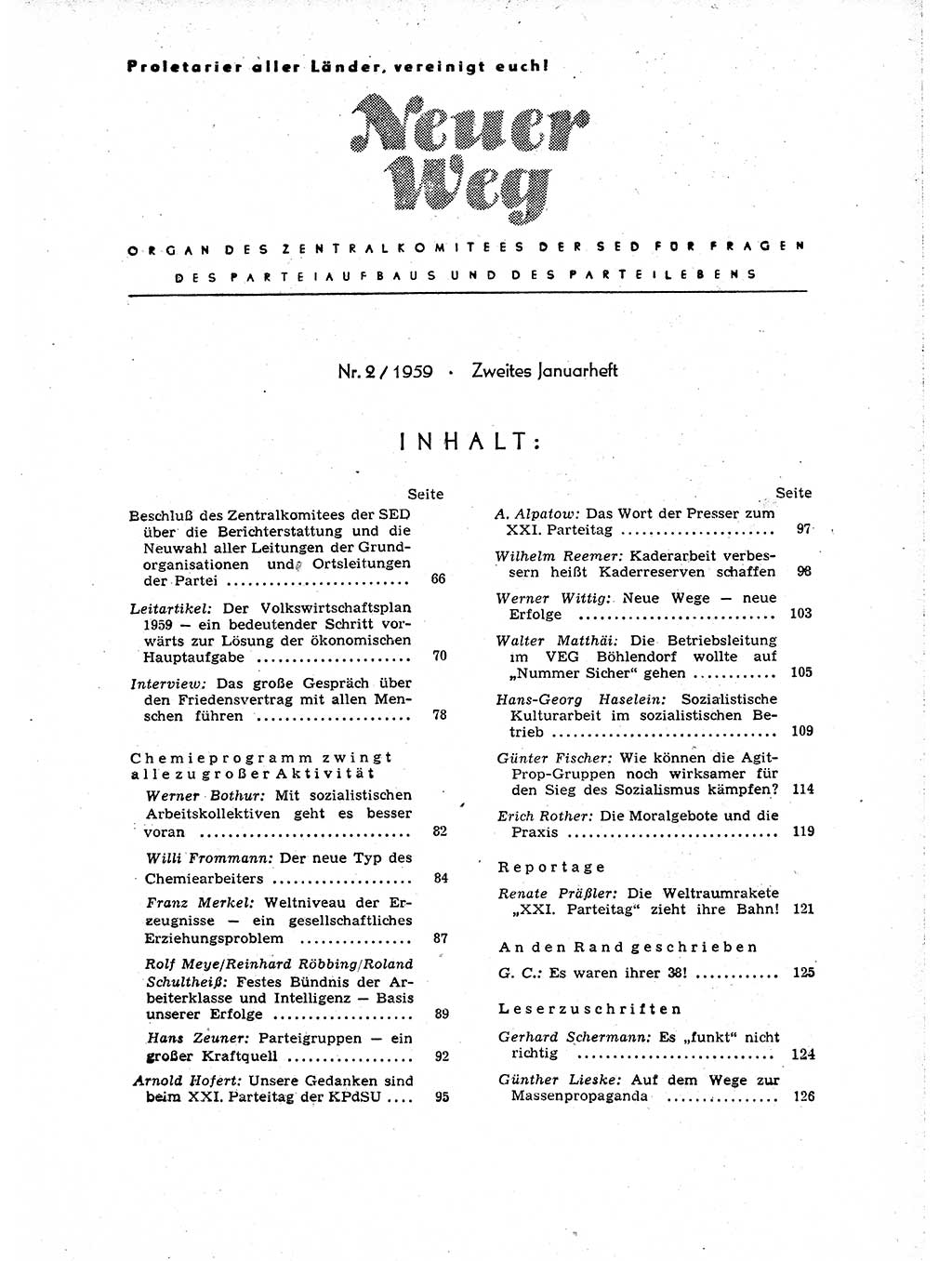 Neuer Weg (NW), Organ des Zentralkomitees (ZK) der SED (Sozialistische Einheitspartei Deutschlands) für Fragen des Parteiaufbaus und des Parteilebens, 14. Jahrgang [Deutsche Demokratische Republik (DDR)] 1959, Seite 65 (NW ZK SED DDR 1959, S. 65)