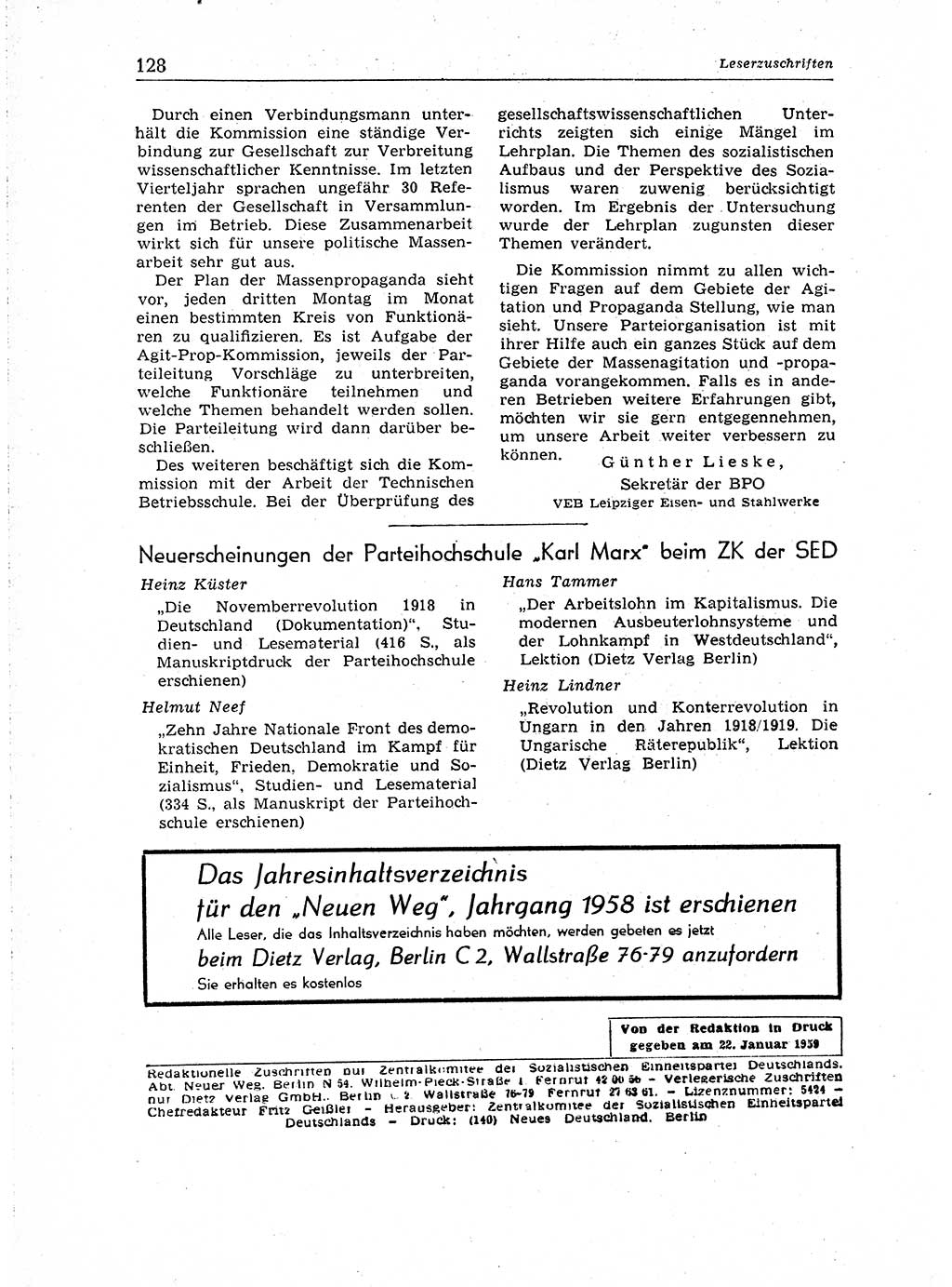 Neuer Weg (NW), Organ des Zentralkomitees (ZK) der SED (Sozialistische Einheitspartei Deutschlands) für Fragen des Parteiaufbaus und des Parteilebens, 14. Jahrgang [Deutsche Demokratische Republik (DDR)] 1959, Seite 128 (NW ZK SED DDR 1959, S. 128)