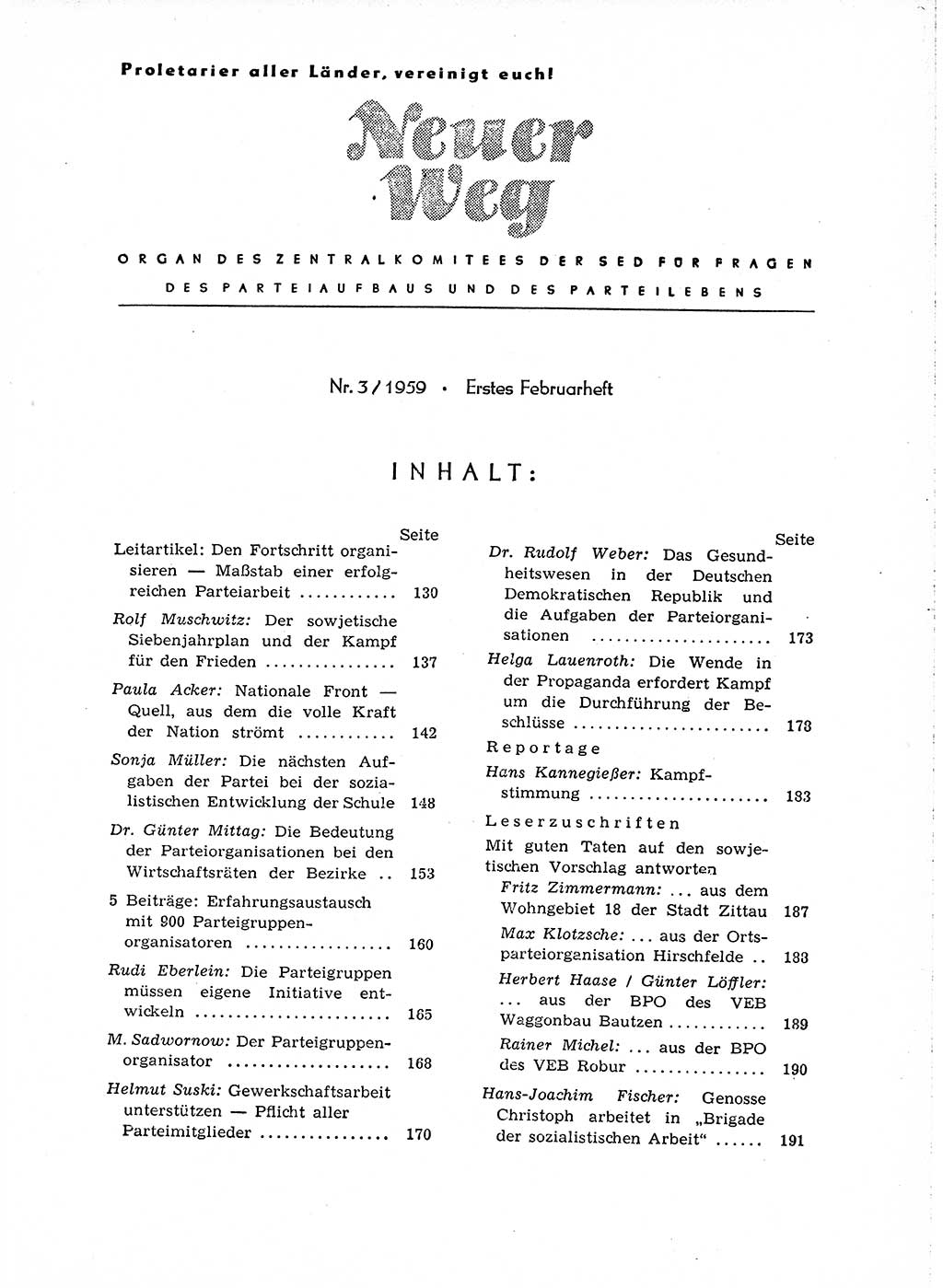 Neuer Weg (NW), Organ des Zentralkomitees (ZK) der SED (Sozialistische Einheitspartei Deutschlands) für Fragen des Parteiaufbaus und des Parteilebens, 14. Jahrgang [Deutsche Demokratische Republik (DDR)] 1959, Seite 129 (NW ZK SED DDR 1959, S. 129)