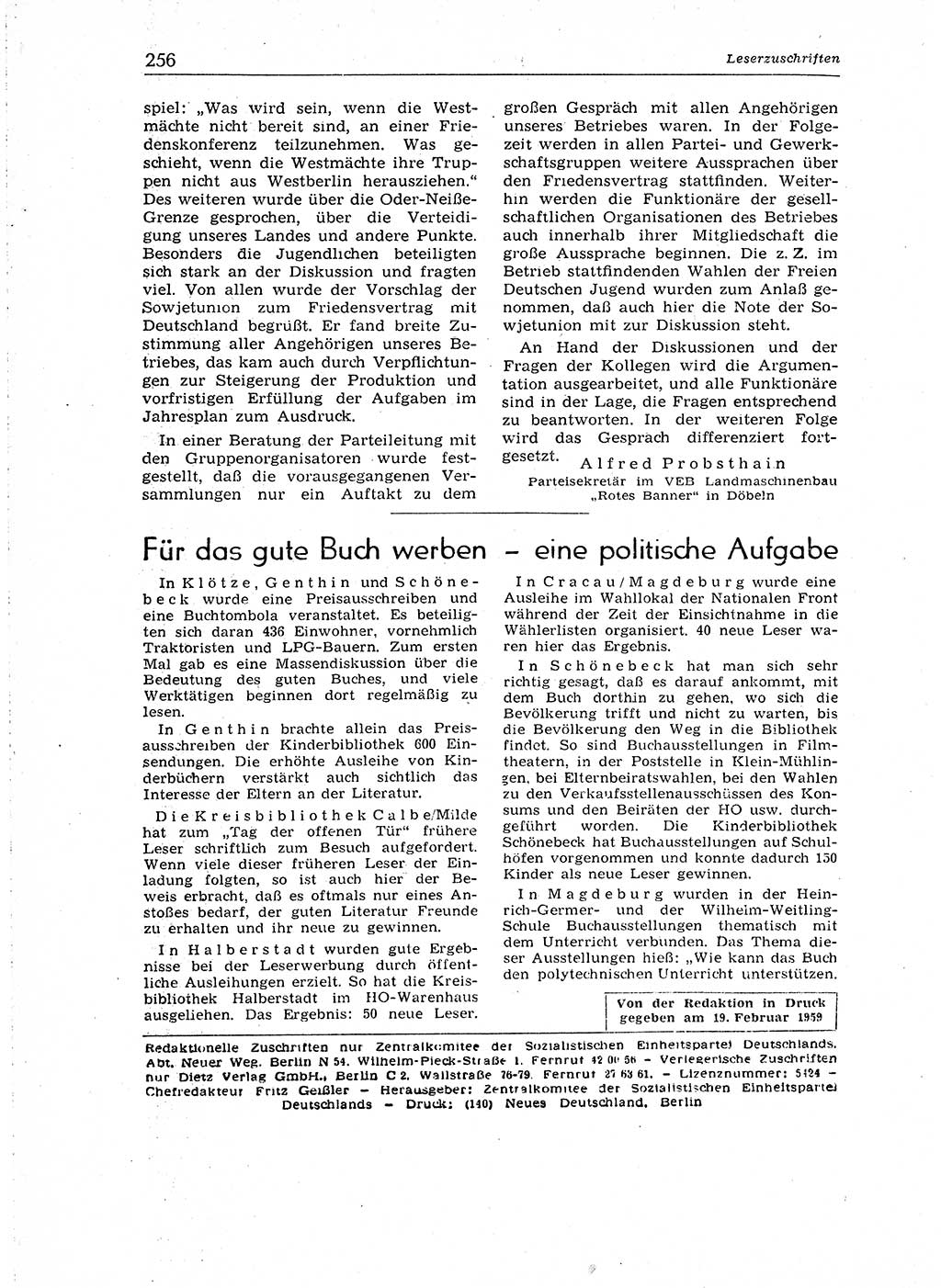 Neuer Weg (NW), Organ des Zentralkomitees (ZK) der SED (Sozialistische Einheitspartei Deutschlands) für Fragen des Parteiaufbaus und des Parteilebens, 14. Jahrgang [Deutsche Demokratische Republik (DDR)] 1959, Seite 256 (NW ZK SED DDR 1959, S. 256)