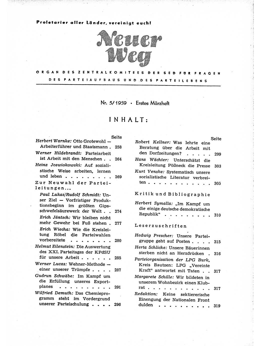 Neuer Weg (NW), Organ des Zentralkomitees (ZK) der SED (Sozialistische Einheitspartei Deutschlands) für Fragen des Parteiaufbaus und des Parteilebens, 14. Jahrgang [Deutsche Demokratische Republik (DDR)] 1959, Seite 257 (NW ZK SED DDR 1959, S. 257)