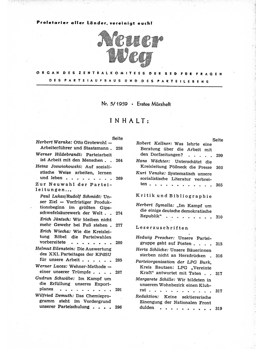 Neuer Weg (NW), Organ des Zentralkomitees (ZK) der SED (Sozialistische Einheitspartei Deutschlands) für Fragen des Parteiaufbaus und des Parteilebens, 14. Jahrgang [Deutsche Demokratische Republik (DDR)] 1959, Seite 257 (NW ZK SED DDR 1959, S. 257)