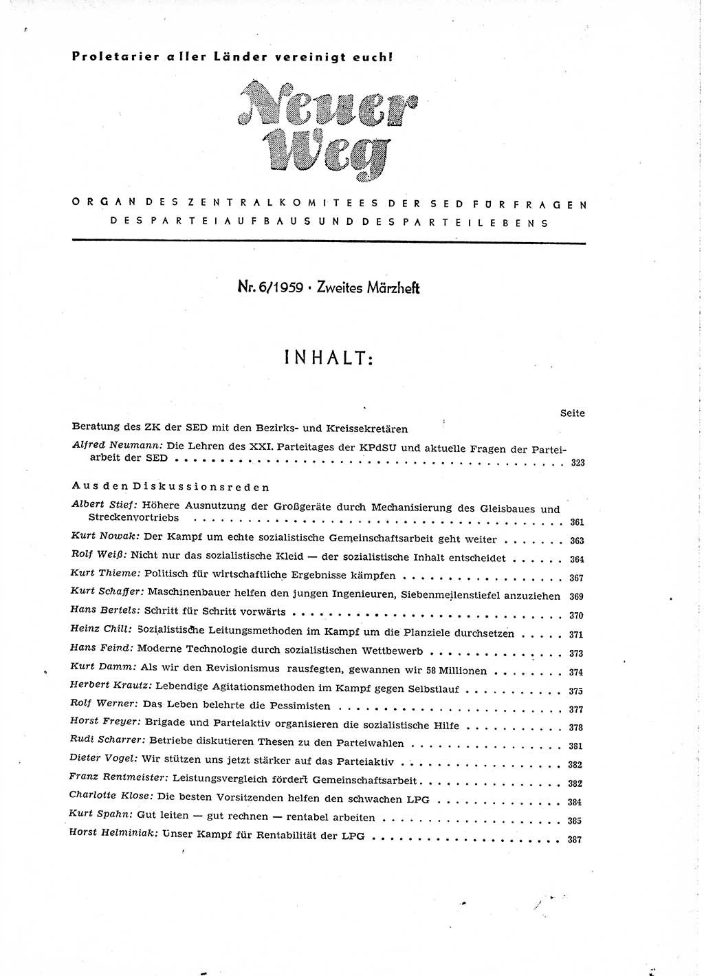 Neuer Weg (NW), Organ des Zentralkomitees (ZK) der SED (Sozialistische Einheitspartei Deutschlands) für Fragen des Parteiaufbaus und des Parteilebens, 14. Jahrgang [Deutsche Demokratische Republik (DDR)] 1959, Seite 321 (NW ZK SED DDR 1959, S. 321)