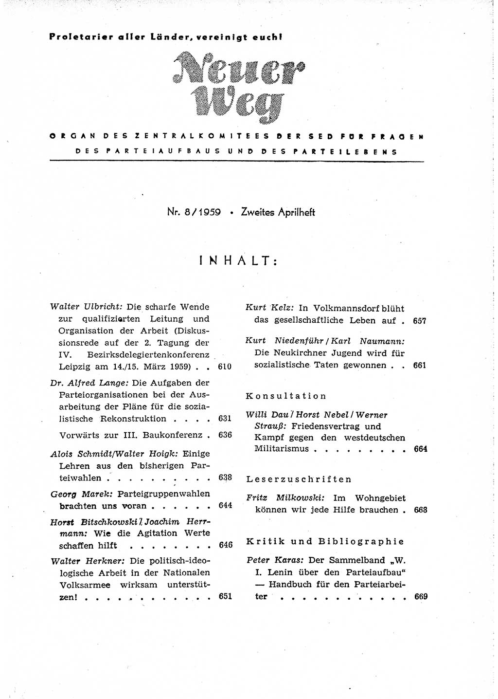 Neuer Weg (NW), Organ des Zentralkomitees (ZK) der SED (Sozialistische Einheitspartei Deutschlands) für Fragen des Parteiaufbaus und des Parteilebens, 14. Jahrgang [Deutsche Demokratische Republik (DDR)] 1959, Seite 609 (NW ZK SED DDR 1959, S. 609)