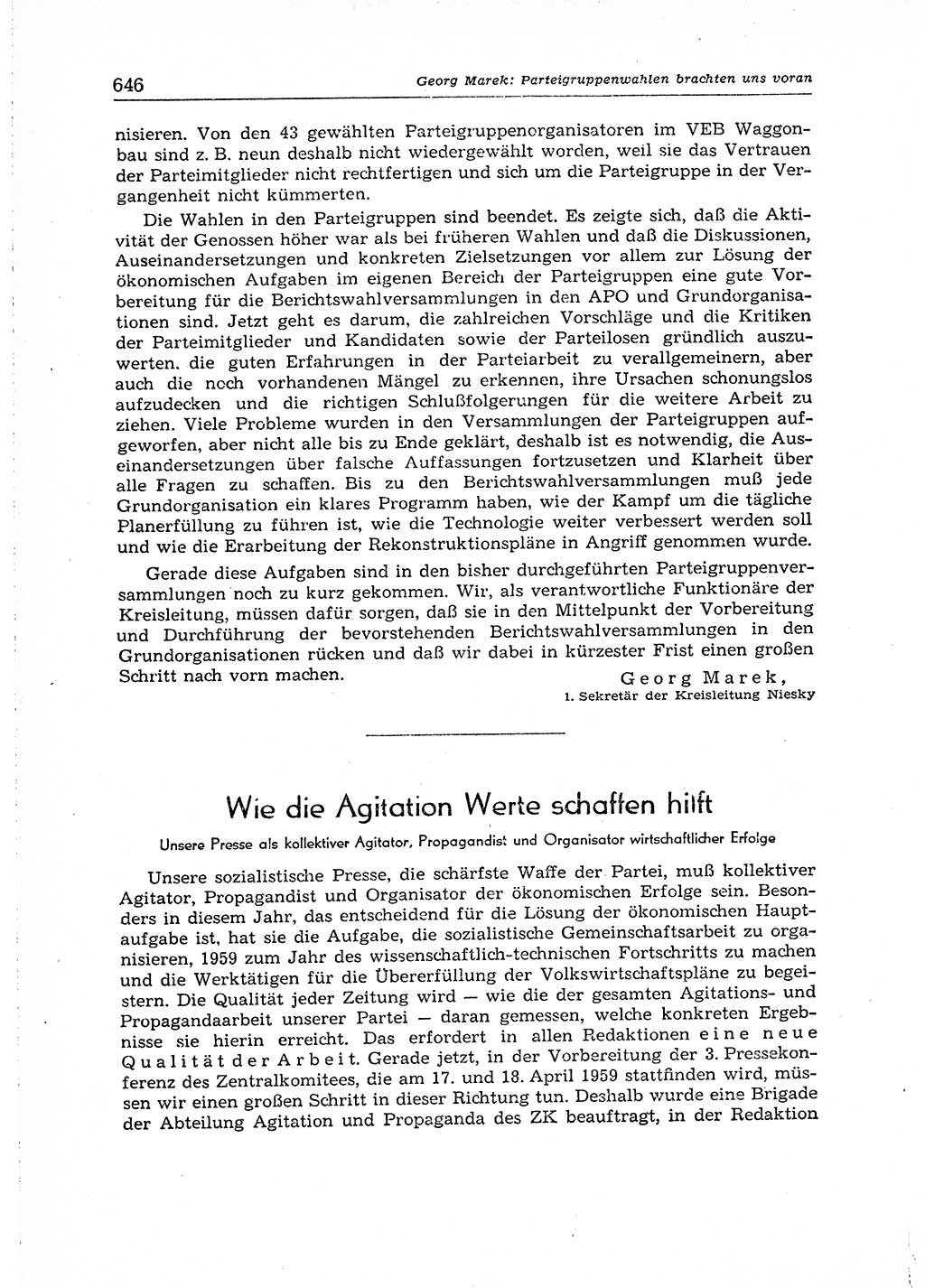 Neuer Weg (NW), Organ des Zentralkomitees (ZK) der SED (Sozialistische Einheitspartei Deutschlands) für Fragen des Parteiaufbaus und des Parteilebens, 14. Jahrgang [Deutsche Demokratische Republik (DDR)] 1959, Seite 646 (NW ZK SED DDR 1959, S. 646)