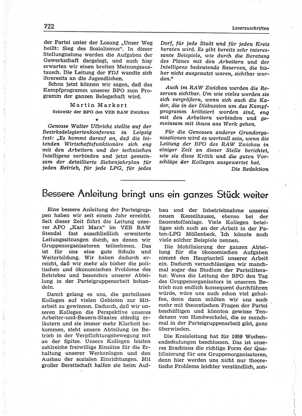 Neuer Weg (NW), Organ des Zentralkomitees (ZK) der SED (Sozialistische Einheitspartei Deutschlands) für Fragen des Parteiaufbaus und des Parteilebens, 14. Jahrgang [Deutsche Demokratische Republik (DDR)] 1959, Seite 722 (NW ZK SED DDR 1959, S. 722)