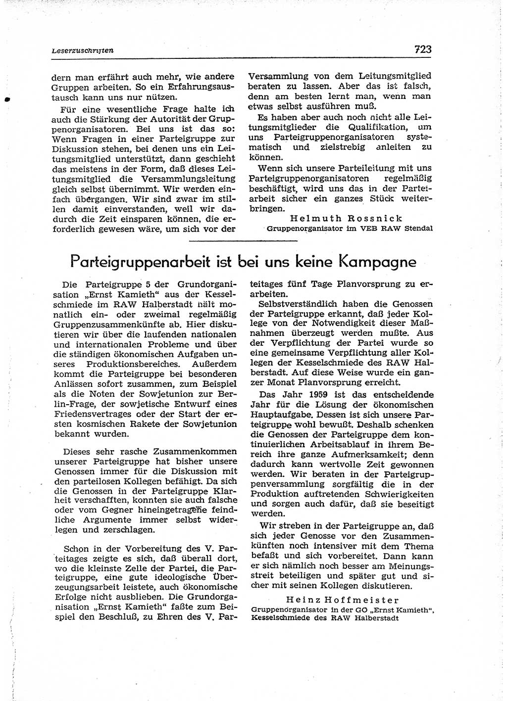 Neuer Weg (NW), Organ des Zentralkomitees (ZK) der SED (Sozialistische Einheitspartei Deutschlands) für Fragen des Parteiaufbaus und des Parteilebens, 14. Jahrgang [Deutsche Demokratische Republik (DDR)] 1959, Seite 723 (NW ZK SED DDR 1959, S. 723)