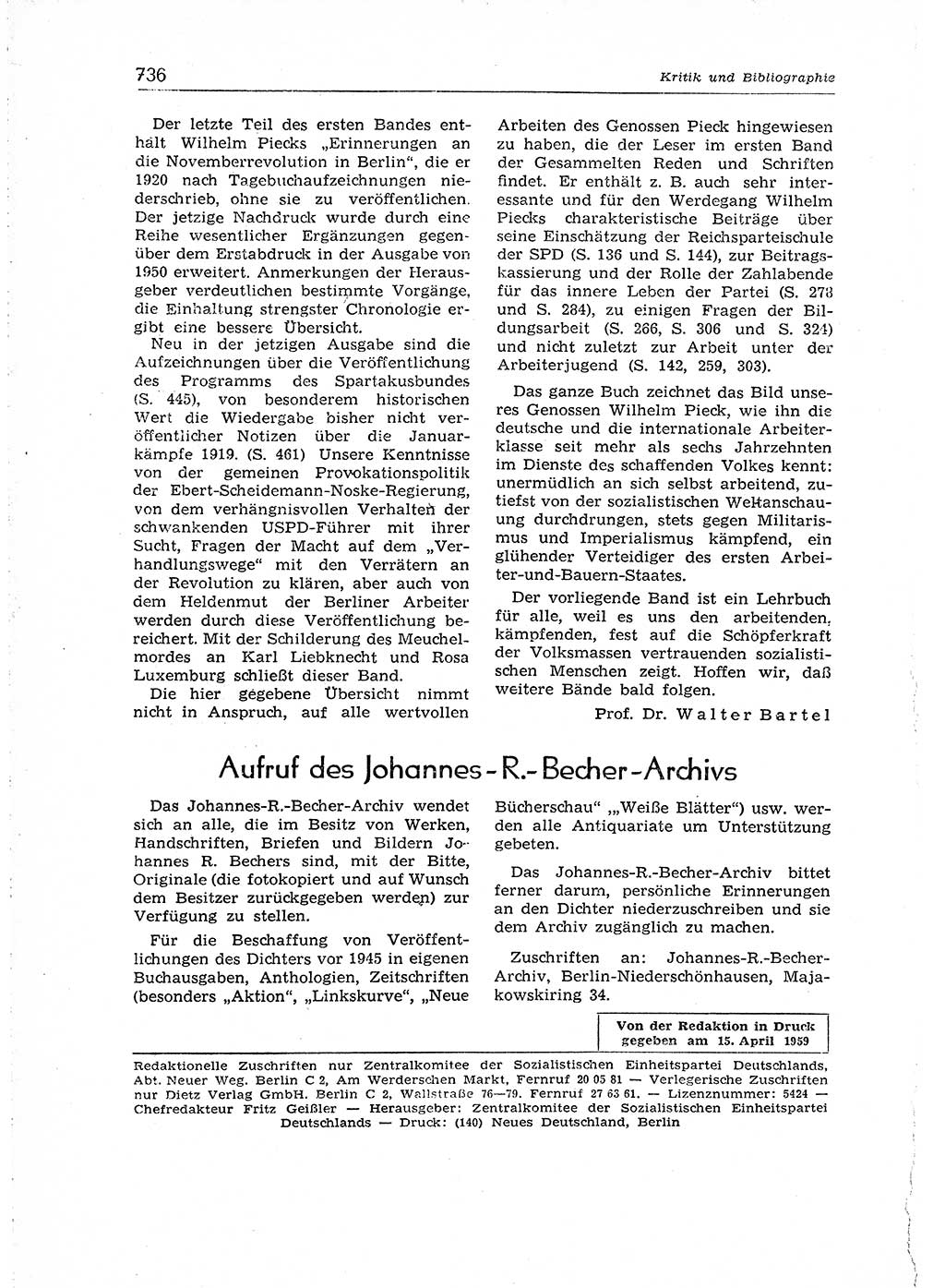 Neuer Weg (NW), Organ des Zentralkomitees (ZK) der SED (Sozialistische Einheitspartei Deutschlands) für Fragen des Parteiaufbaus und des Parteilebens, 14. Jahrgang [Deutsche Demokratische Republik (DDR)] 1959, Seite 736 (NW ZK SED DDR 1959, S. 736)