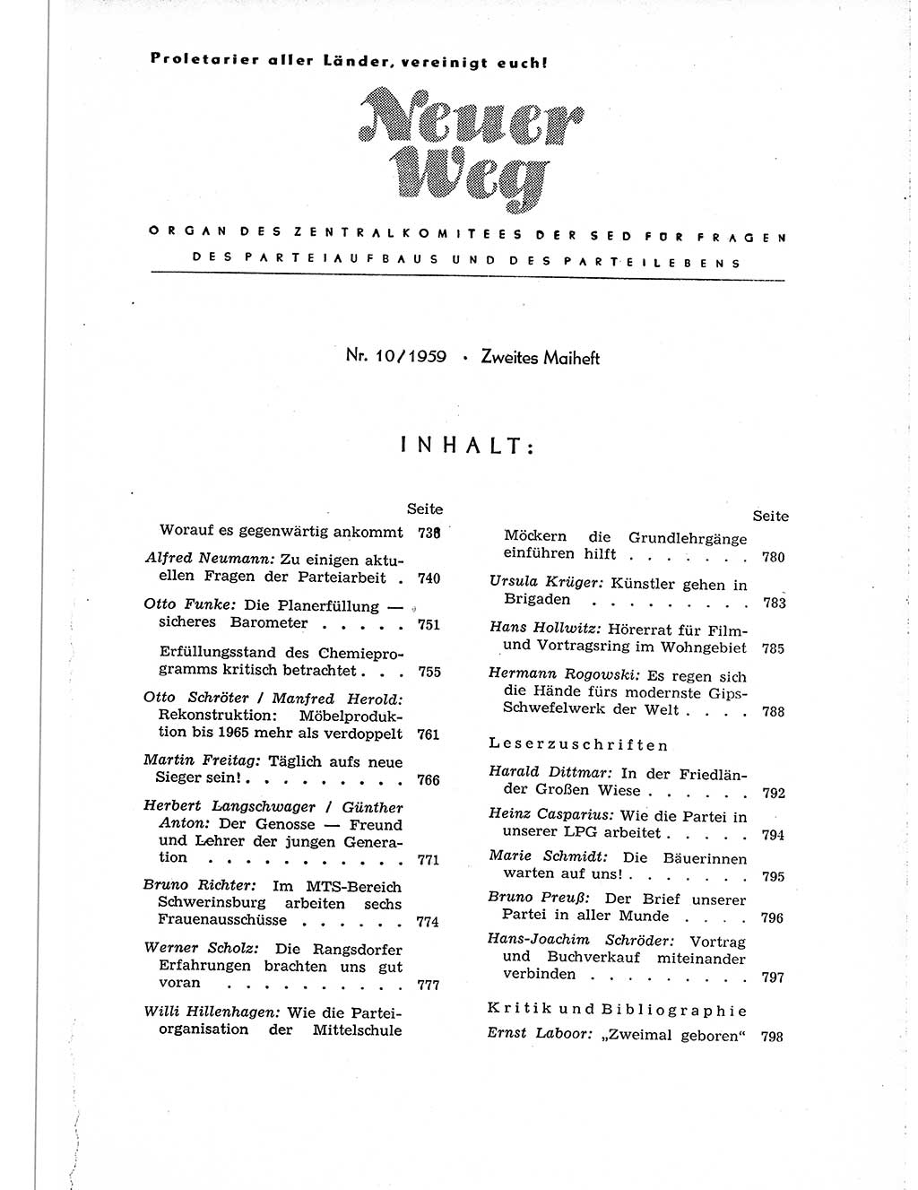 Neuer Weg (NW), Organ des Zentralkomitees (ZK) der SED (Sozialistische Einheitspartei Deutschlands) für Fragen des Parteiaufbaus und des Parteilebens, 14. Jahrgang [Deutsche Demokratische Republik (DDR)] 1959, Seite 737 (NW ZK SED DDR 1959, S. 737)