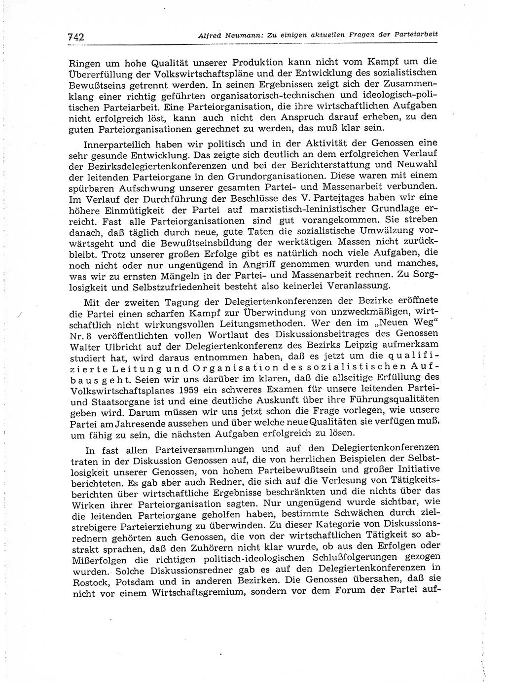 Neuer Weg (NW), Organ des Zentralkomitees (ZK) der SED (Sozialistische Einheitspartei Deutschlands) für Fragen des Parteiaufbaus und des Parteilebens, 14. Jahrgang [Deutsche Demokratische Republik (DDR)] 1959, Seite 742 (NW ZK SED DDR 1959, S. 742)