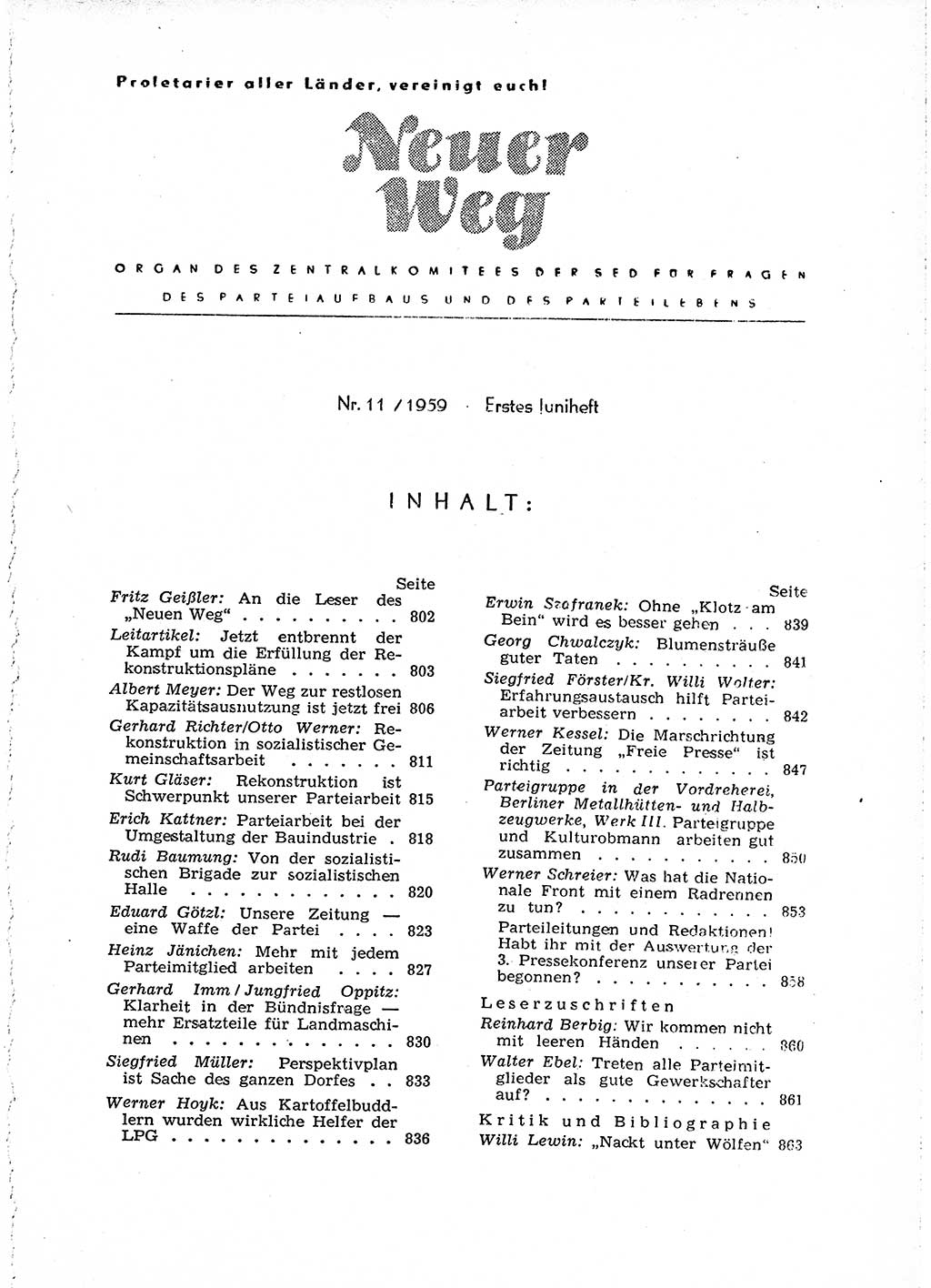 Neuer Weg (NW), Organ des Zentralkomitees (ZK) der SED (Sozialistische Einheitspartei Deutschlands) für Fragen des Parteiaufbaus und des Parteilebens, 14. Jahrgang [Deutsche Demokratische Republik (DDR)] 1959, Seite 801 (NW ZK SED DDR 1959, S. 801)