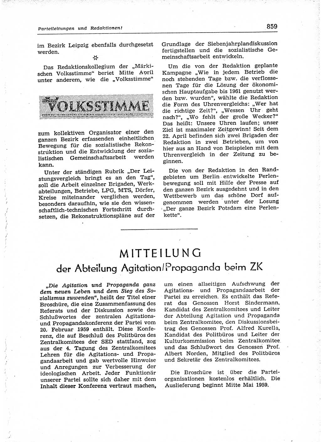 Neuer Weg (NW), Organ des Zentralkomitees (ZK) der SED (Sozialistische Einheitspartei Deutschlands) für Fragen des Parteiaufbaus und des Parteilebens, 14. Jahrgang [Deutsche Demokratische Republik (DDR)] 1959, Seite 859 (NW ZK SED DDR 1959, S. 859)