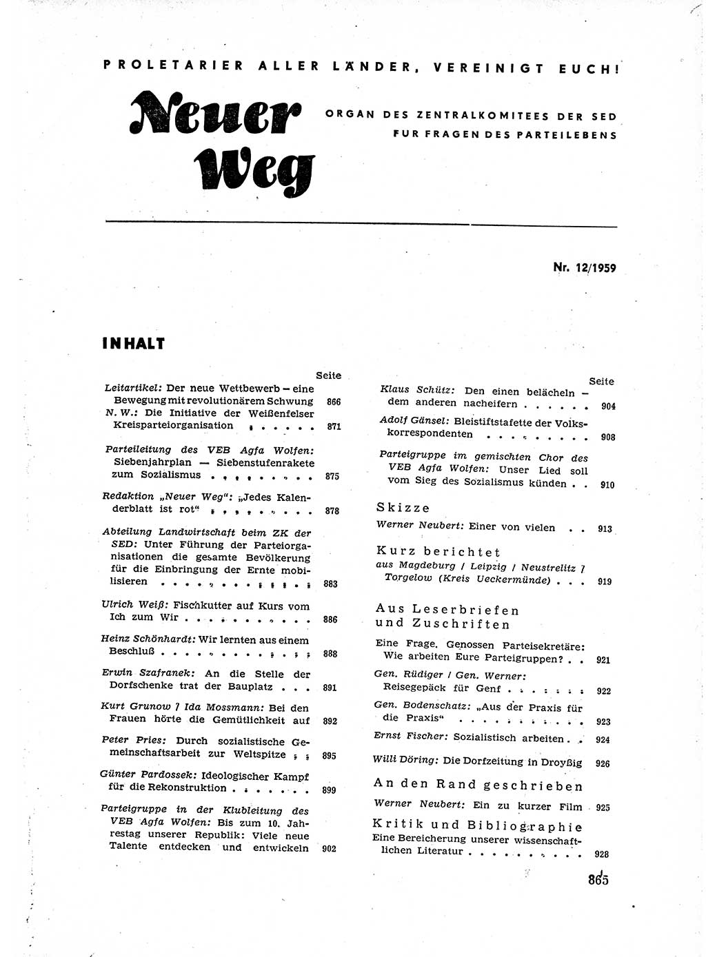 Neuer Weg (NW), Organ des Zentralkomitees (ZK) der SED (Sozialistische Einheitspartei Deutschlands) für Fragen des Parteiaufbaus und des Parteilebens, 14. Jahrgang [Deutsche Demokratische Republik (DDR)] 1959, Seite 865 (NW ZK SED DDR 1959, S. 865)