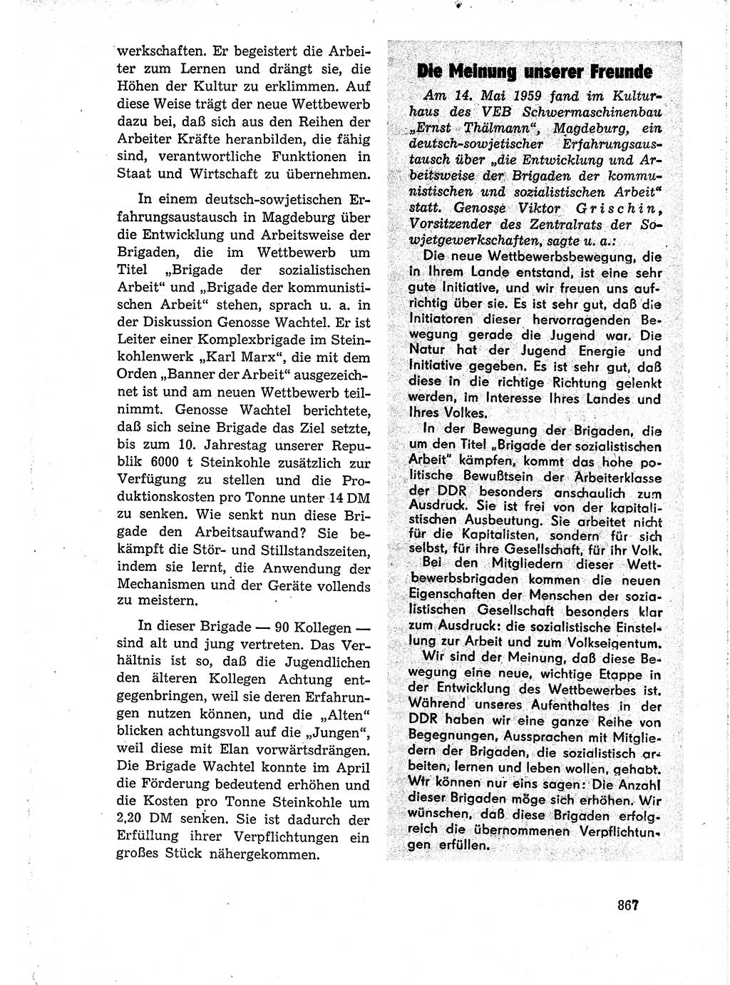 Neuer Weg (NW), Organ des Zentralkomitees (ZK) der SED (Sozialistische Einheitspartei Deutschlands) für Fragen des Parteiaufbaus und des Parteilebens, 14. Jahrgang [Deutsche Demokratische Republik (DDR)] 1959, Seite 867 (NW ZK SED DDR 1959, S. 867)
