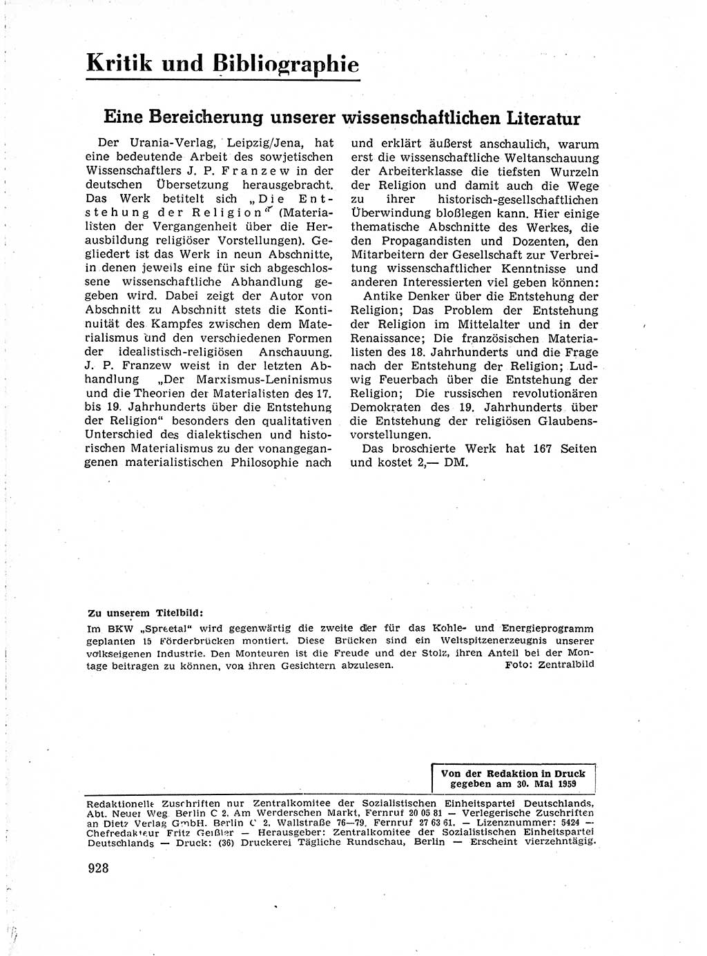 Neuer Weg (NW), Organ des Zentralkomitees (ZK) der SED (Sozialistische Einheitspartei Deutschlands) für Fragen des Parteiaufbaus und des Parteilebens, 14. Jahrgang [Deutsche Demokratische Republik (DDR)] 1959, Seite 928 (NW ZK SED DDR 1959, S. 928)