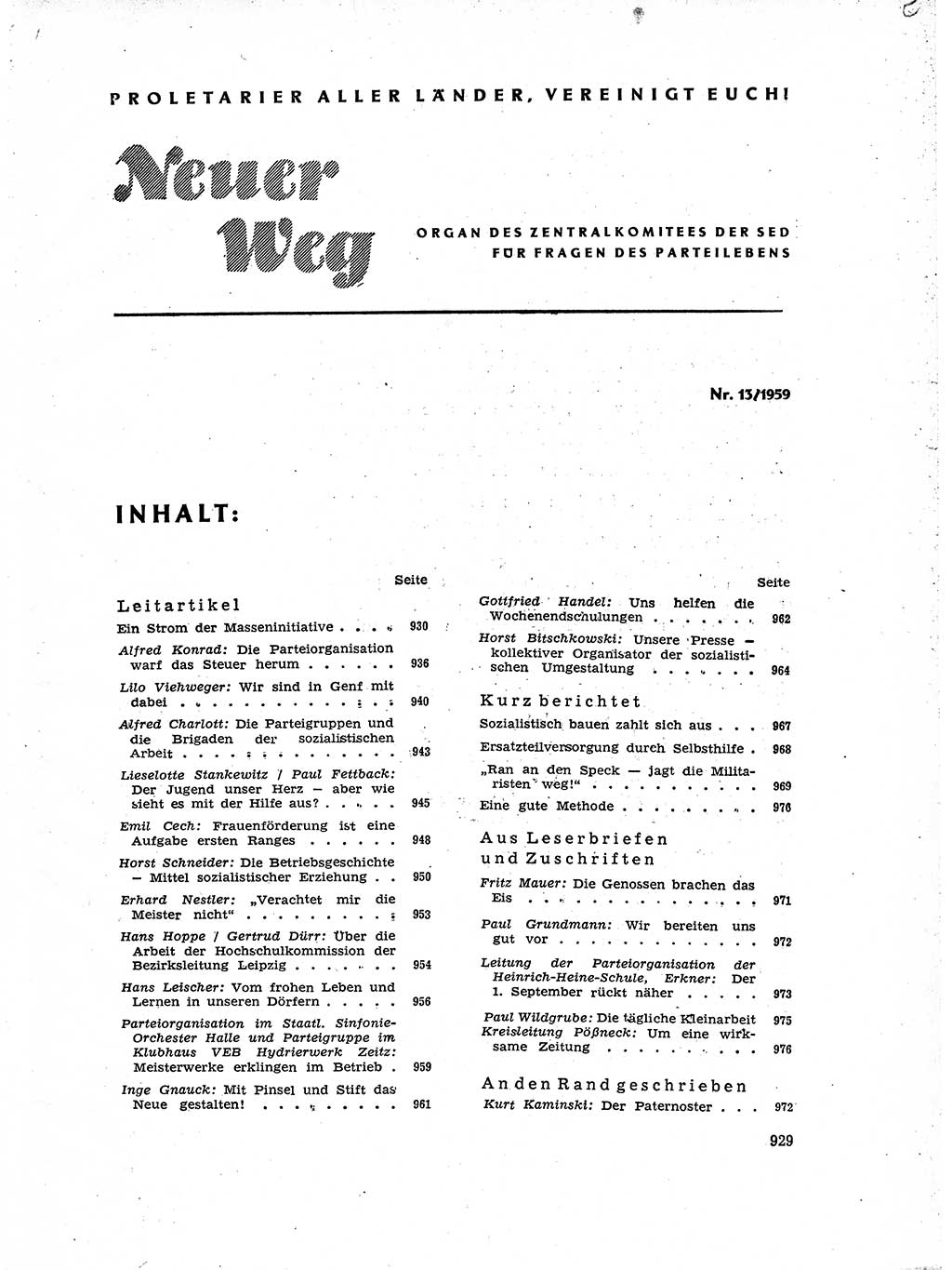 Neuer Weg (NW), Organ des Zentralkomitees (ZK) der SED (Sozialistische Einheitspartei Deutschlands) für Fragen des Parteiaufbaus und des Parteilebens, 14. Jahrgang [Deutsche Demokratische Republik (DDR)] 1959, Seite 929 (NW ZK SED DDR 1959, S. 929)