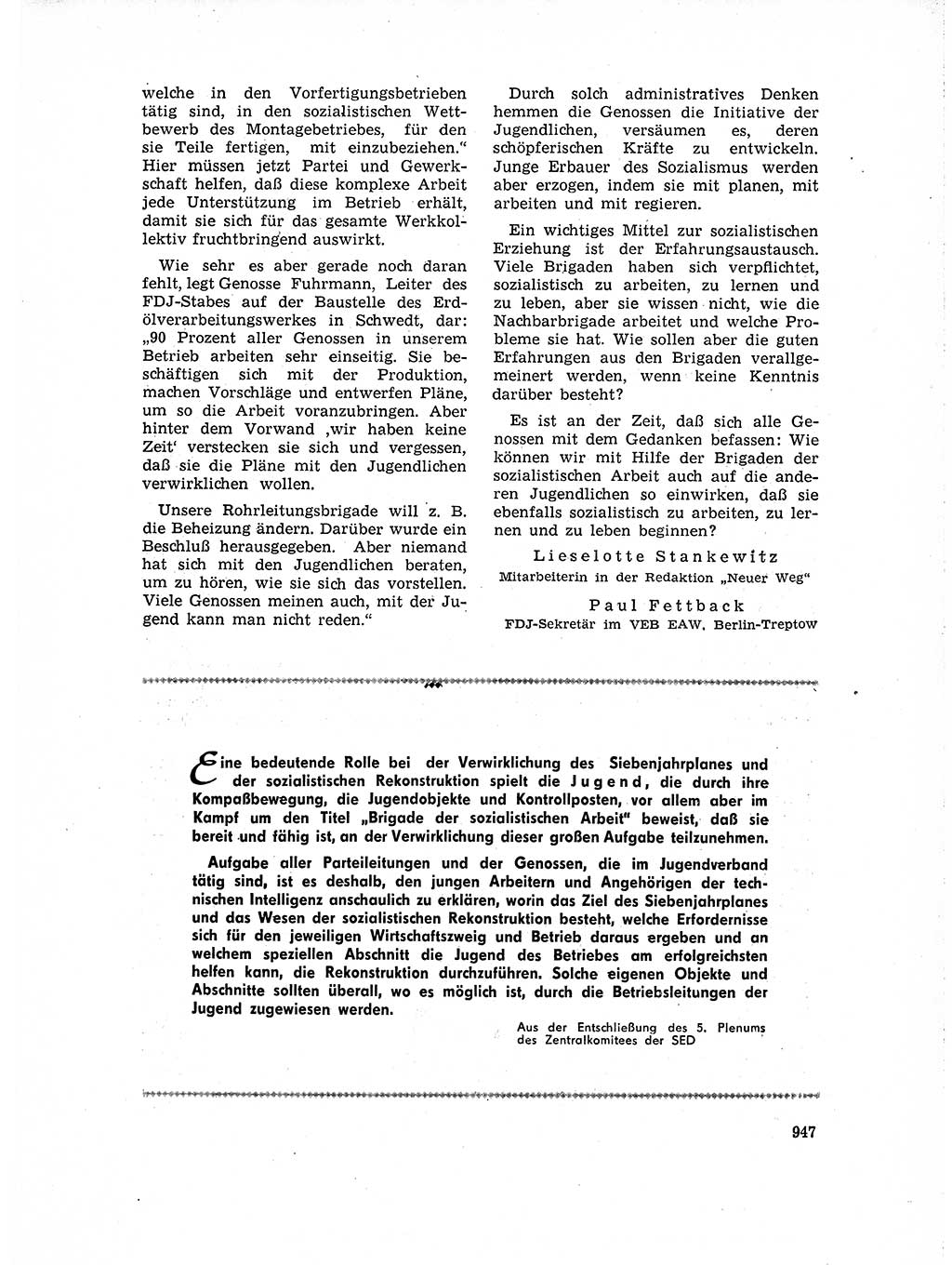 Neuer Weg (NW), Organ des Zentralkomitees (ZK) der SED (Sozialistische Einheitspartei Deutschlands) für Fragen des Parteiaufbaus und des Parteilebens, 14. Jahrgang [Deutsche Demokratische Republik (DDR)] 1959, Seite 947 (NW ZK SED DDR 1959, S. 947)