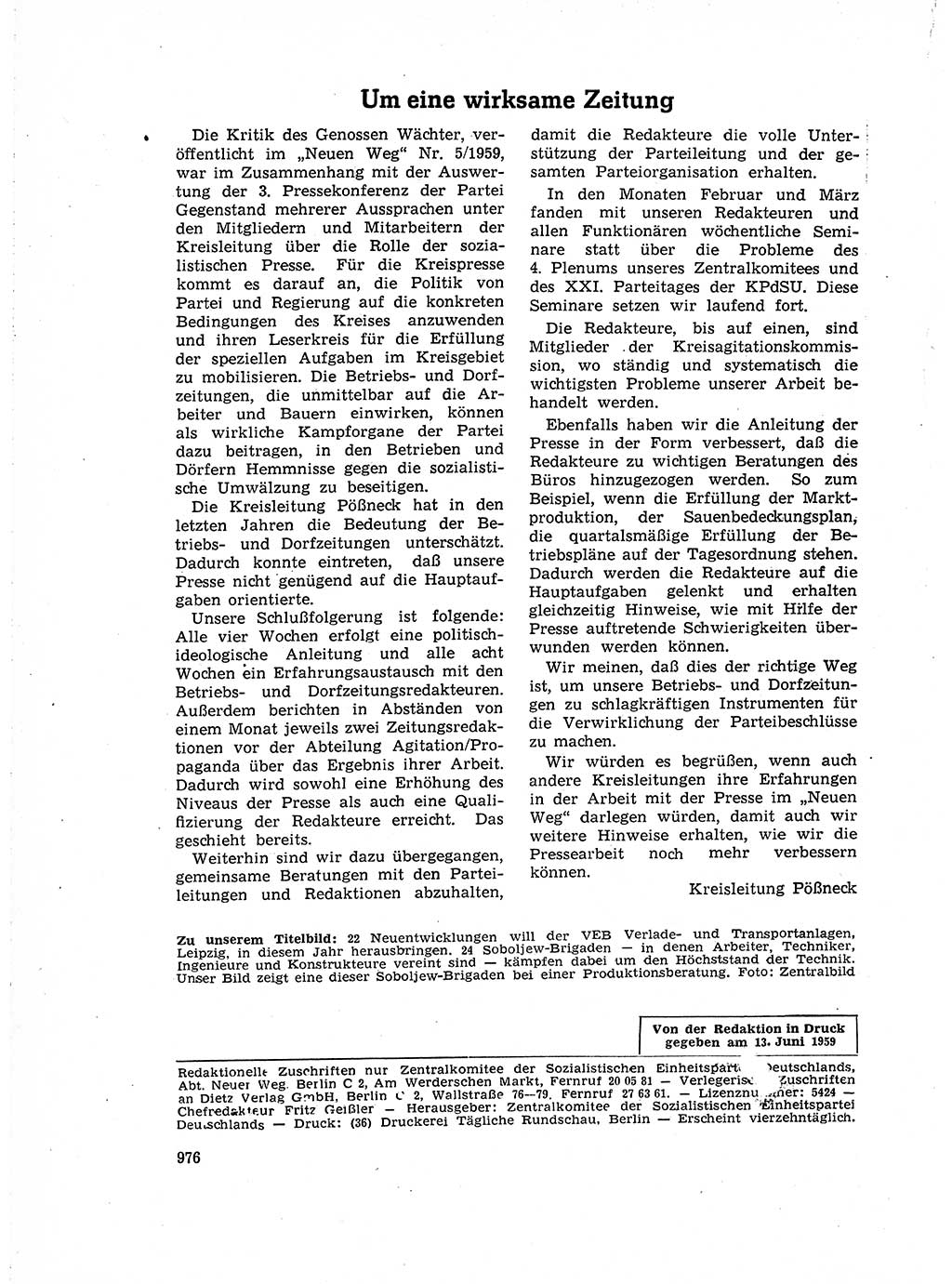 Neuer Weg (NW), Organ des Zentralkomitees (ZK) der SED (Sozialistische Einheitspartei Deutschlands) für Fragen des Parteiaufbaus und des Parteilebens, 14. Jahrgang [Deutsche Demokratische Republik (DDR)] 1959, Seite 976 (NW ZK SED DDR 1959, S. 976)