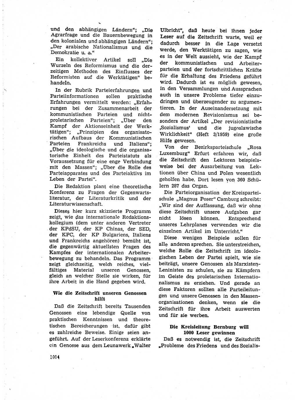 Neuer Weg (NW), Organ des Zentralkomitees (ZK) der SED (Sozialistische Einheitspartei Deutschlands) für Fragen des Parteiaufbaus und des Parteilebens, 14. Jahrgang [Deutsche Demokratische Republik (DDR)] 1959, Seite 1014 (NW ZK SED DDR 1959, S. 1014)