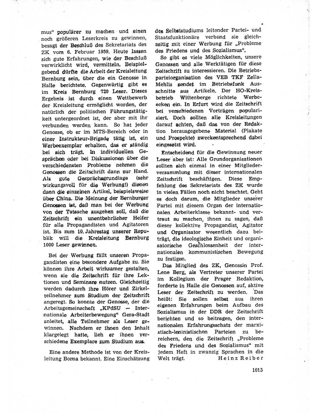 Neuer Weg (NW), Organ des Zentralkomitees (ZK) der SED (Sozialistische Einheitspartei Deutschlands) für Fragen des Parteiaufbaus und des Parteilebens, 14. Jahrgang [Deutsche Demokratische Republik (DDR)] 1959, Seite 1015 (NW ZK SED DDR 1959, S. 1015)